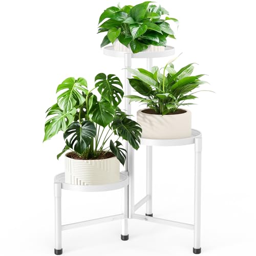 3 Tier Metall Pflanzenständer drinnen draußen JOPBENG Blumenständer Pflanzenregal mit 10 Zoll breiter Tablett Blumenregal Pflanztisch Eisenregal Dekorativer Standregal für Garten Terrasse Balkon Weiß