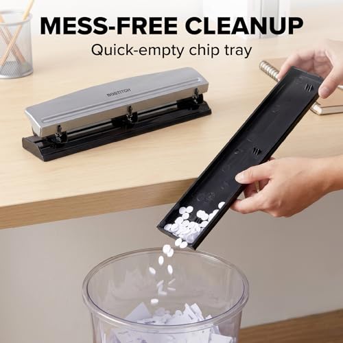 Image of Bostitch Office Premium 3 Hole Punch, 15 Sheet Capacity, Metal, Rubber Base, Easy-Clean Tray, Silver, 2-Pack