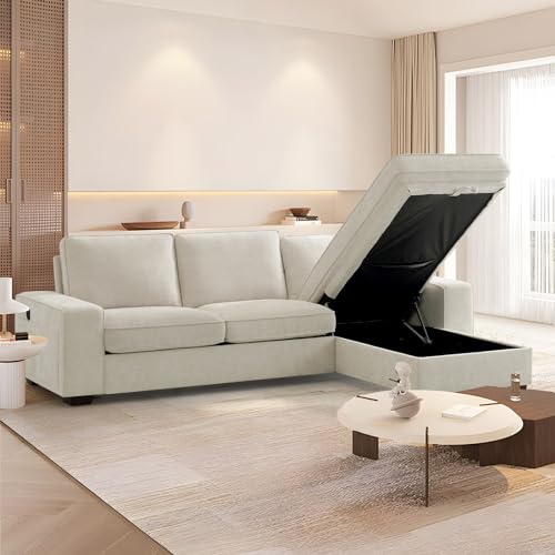 TEKAMON 99″ Convertible Sectional Sofa Couch with Chaise Storage, Modern L Shaped Reversible Couch for Living Room, Comfy Chenille Fabric Sofa, Removable Cushion Covers/USB Type-C Ports,Beige