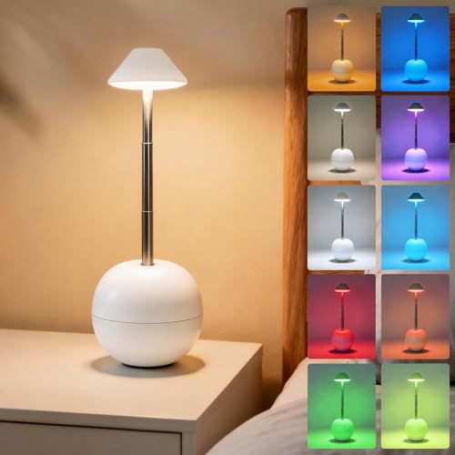 UMLAEN Rechargeable LED Table Light, Tumbler Cordless Table Lamp with 3 Colors & 7 RGB Stepless Dimmable Touch Control Lamps for Patio Restaurant Dining Home Bars (White)