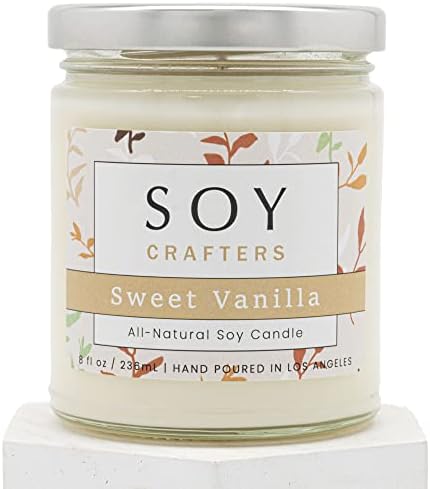 SOY CRAFTERS Scented Soy Candles for Home - Sweet Vanilla, Natural Soy Candle Infused with Vanilla Bean + Buttercream + Cake + Bourbon | 9oz Clear Jar Candle