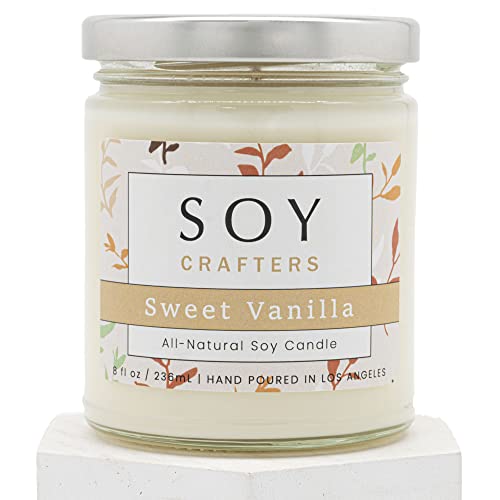 Soy Crafters Scented Soy Candles For Home - Sweet Vanilla, Natural Soy Candle Infused With Vanilla Bean + Buttercream + Cake + Bourbon | 9Oz Clear Jar Candle #TOP14
