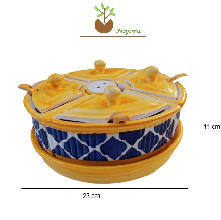 Image of Niyara Multipurpose Storage Ceramic Pickle set Jars & with Lid & tray & spoon & Salt Dispenser (Set of 5, 300 ML) (Yellow Blue)