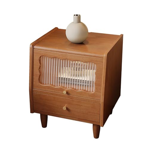 HJYBFA Mesita de Noche de Madera HJYBFAWH, 2 cajones de Almacenamiento, Armario Lateral con Puerta de ratán y Puerta de Cristal, Ideal para Dormitorio, Madera