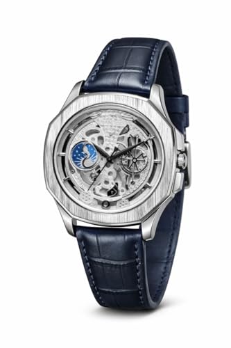 Image of judge Skeleton Quartz Watch with Moon Phase Display, Blue Leather Strap, Silver Stainless Steel Case, Luxury Analogue Watch for Men