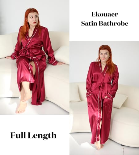 Image of Ekouaer Satin Robes for Women Long Sleeve Silk Bathrobe Soft Lightweight Full Length Sleepwear Bridesmaid Wedding Party Robes