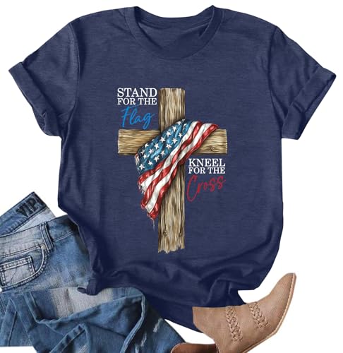 Image of Ithalt Christian Tshirt Womens 4th of July Shirt American Flag T Shirt USA Patriotic Tees Faith Short Sleeve Tops