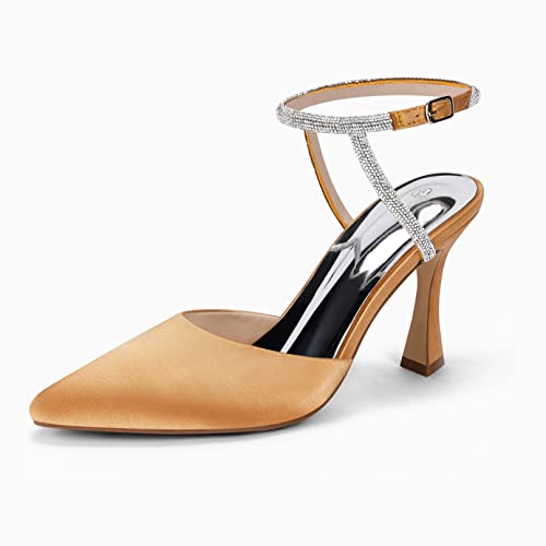 Image of Coutgo Women Rhinestone Heels Kitten High Satin Pumps Pointed Toe Sparkly Sexy Wedding Dress Shoes