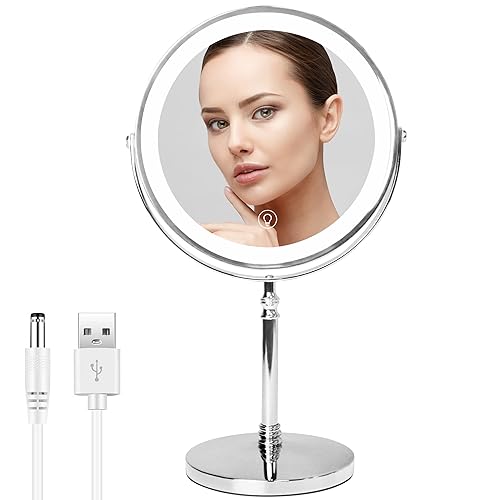 WITFAMILY Kosmetikspiegel Beleuchtet mit 1X/10X Vergrößerung und 3 Einstellbaren Lichtfarben， Dimmbaren Helligkeiten, USB Aufladen Doppelseitiger Makeup Schminkspiegel für Badezimmer (Silber