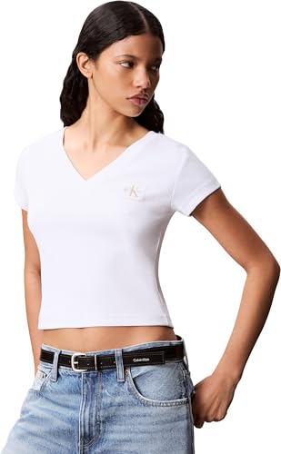 Calvin Klein Camiseta de Manga Corta Mujer Woven Label Rib tee con Cuello de Pico, Blanco (Brilliant White), S