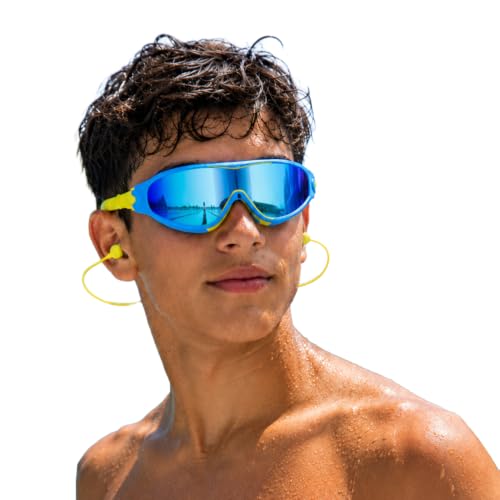 Image of ROVARS Electroplated Swimming Goggles for Kids with Nose & Ear Plugs, Leakproff Full Frame with Adjustable Strap, Anti Fog and UV Protection for Boys & Girls (2100 Blue, Above 6 Years)