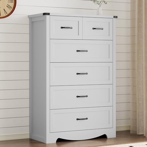 Image of BORNOON Tall 6-Drawer Dresser for Bedroom, Modern Wooden Chest of Drawers with Metal Handles, Anti-Tipping Design, Sturdy and Stable Storage Organizer for Living Room, Entryway, Home Office