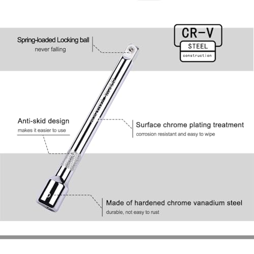 4 Piece 3/8 Inch Drive Extension Bar Set, 3/8 Inch Drive Socket Extension Set Includes 3, 6, and 10 Inch Extensions and Universal Joint Socket