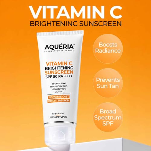 Image of Aqueria 3-in-1 Bright Detan Sunscreen SPF 50 PA++++ | In-Vivo /In-Vitro Tested | 5% Niacinamide, 5% Hyaluronic & Vitamin C | Modern UV Filters | Broad Spectrum UVA /UVB & Blue Light Protection | Lightweight, No White Cast, Sweat Resistant | Suitable for Daily Use | For Normal, Dry & Sensitive Skin | 50g