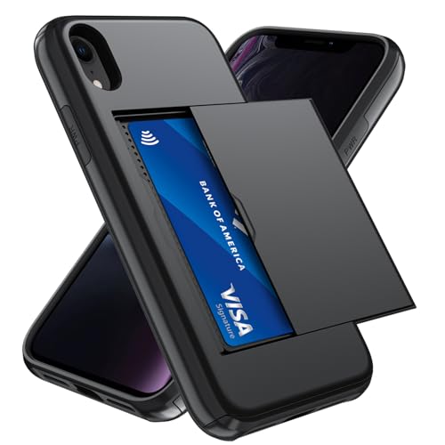Qinmay Compatible with iPhone XR Case with Card Holder Dual Layer Shockproof Heavy Duty Protective Hidden Slot Slim Wallet Phone CoverBlack