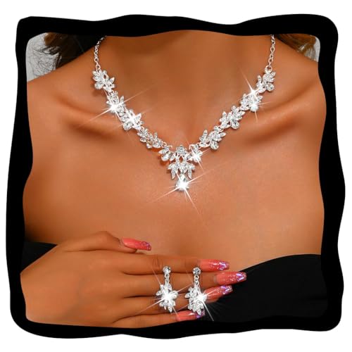 Fashband Crystal Bridal Wedding Jewelry Set Sparkly Earrings Party Prom Costume Earrings Jewelry for Women (Silver)