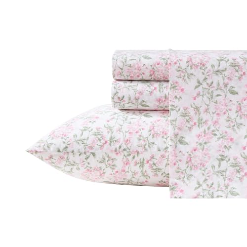 Image of Laura Ashley - Full Sheet Set, Crisp & Cool Cotton Percale Bedding for Year Round Comfort, Deep Pocket, Bed Sheets with Matching Pillowcases (Blossom Bliss Pink)