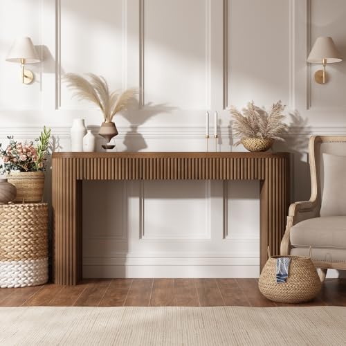 Image of Solid Wood Console Table with Drawer - 55 Inches Mid Century Foyer Table, Modern Fluted Entryway Hallway Minimalist Sofa Table, Oval with Drawer