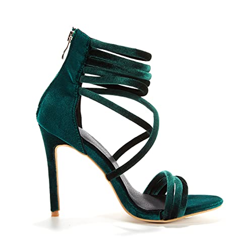 Women Cross Strap Suede High Heel Shoes Open Toe Sexy Evening Sandals Strappy Stilettos with Back Zip Green3