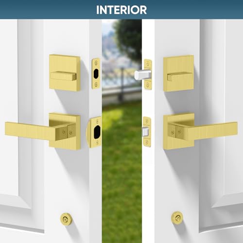 Image of TICONN Double Front Door Handle Set, Heavy Duty Square Door Lever and Single Cylinder Deadbolt Combo for Side by Side Entrance Exterior Doors (Satin Brass)