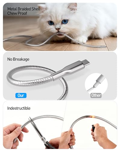 Image of Metal Braided USB-C to USB-C Cord Chew Proof - 6.6ft 60W PD Fast Charging & Data Sync, Stainless Steel Indestructible Tangle-Free Cat Dog Chew Proof Charger Cable for iPhone 17 16 Galaxy Pixel, Silver