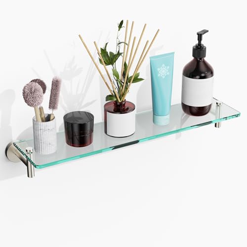 KOCOK Glass Shelves for Bathroom,20-Inch Brushed Nickel Floating Bathroom Shelf