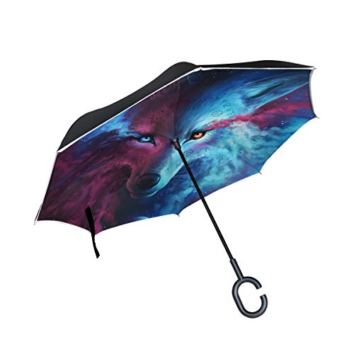 Preisvergleich Produktbild XiangHeFu Doppelschicht-Umkehrregenschirme Starry Sky Nebula Animal Wolf Folding Winddicht UV-Schutz Big Straight für Autos mit C-förmigem Griff