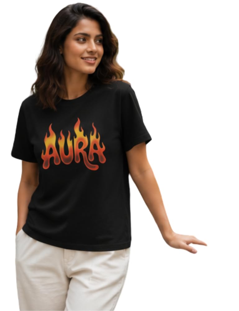 Regular T-Shirt for Women, 100% Combed Cotton, 180 GSM Single Jersey Fabric, Crew Neck Short Sleeve, Aura Flame Typography Print, Everyday Casual Wear-picture-18