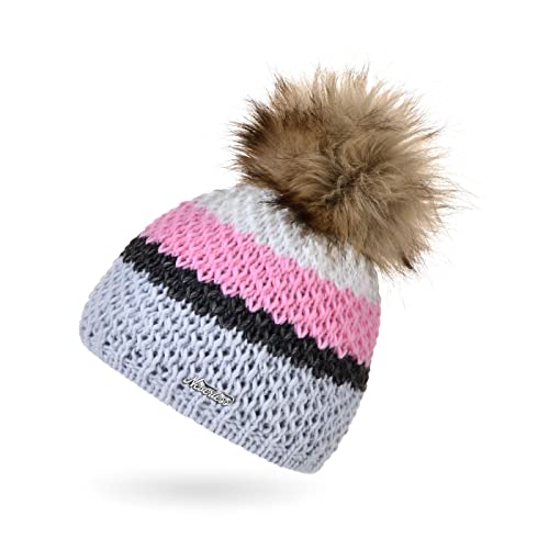 Neverless® Damen Strick-Mütze gefüttert Fleece-Innenfutter Fell-Bommel Kunstfell Winter-Mütze Bommelmütze Grobstrick Mehrfarbig grau-rosa Unisize