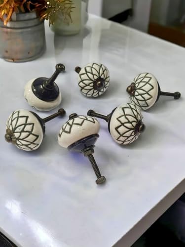 Image of Vintage Ceramic Knobs for Kids and Kitchen Cupboards, Drawers, Wardrobes, PC Cabinets, Almirahs, Dressers, Decorative Pull Handles for Dressing Table and Home Decor - Set of 6 Antique Round