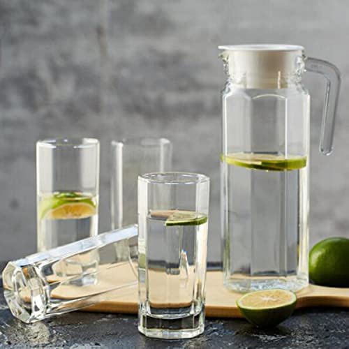 Image of NeWine Premium 1.1 Liter Glass Water Jug with Airtight Lid & Handle | 1100ML Transparent Beverage Carafe for Home Office Etc | Pitcher for Serve Juice Milk Beverage Chaas Cocktail (Octagonal)