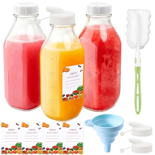 Mssushi Lot De 3 Bouteilles en Verre Avec Couvercles 1000ml Bouteilles en Verre Carrées À Large Ouverture Pour Smoothies,Jus,Lait,Boissons Chaudes et Froides,Bouteille en Verre Avec Bec Verseur