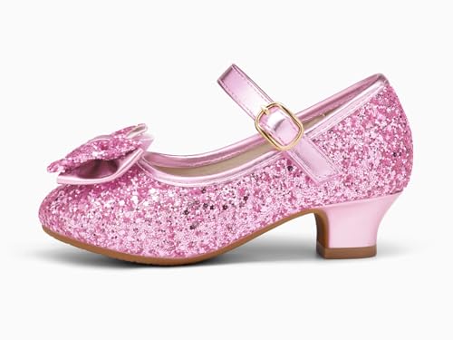 Image of Haloumoning Girls Dress Shoes Mary Jane Heels Flower Girl Shoes Bow Glitter Princess Wedding Party Pump Shoes