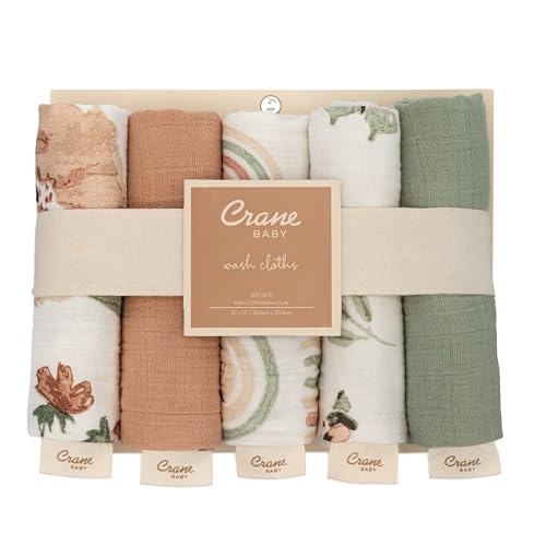 Image of Crane Baby Wash Cloth Set, 100% Cotton, Set of 5 Baby Washcloths, Pink Floral Theme, Newborn Muslin Washcloths, Newborn Baby Gift, Baby Registry Gift