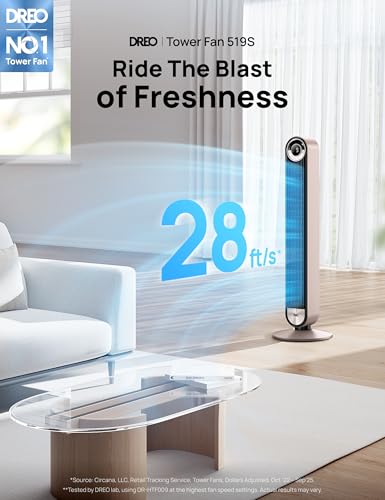 Image of DREO Tower Fan for Bedroom, 90 Oscillating Standing Fan with 28ft /s Velocity, 20dB Quiet for Sleep, DC Motor, 9 Speeds, 4 Modes, 12H Timer, Voice & APP & Remote Control, Starlight
