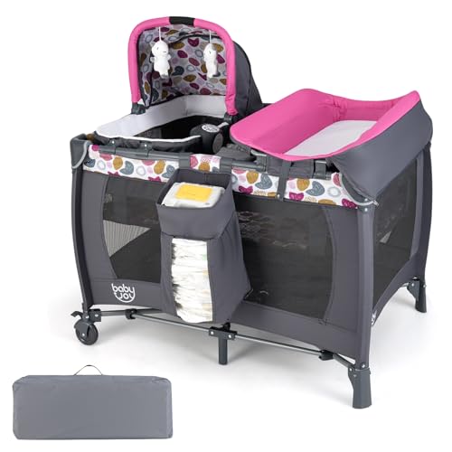 COSTWAY Cuna de Viaje Bebe con Colchón, 5 en 1 Centro de Actividades para Bebés con Cuna Mecedora y Cambiador, Barra de Juguetes, Caja de Música y Bolsa de Transporte, Ruedas Móviles (Rosa)