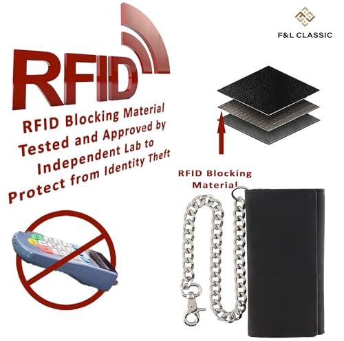 Image of F&L CLASSIC RFID Blocking Mens Tri-fold Long Style Cowhide Leather Steel Chain Wallet,buffalo premium black leather,212-60