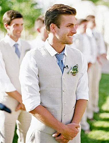Aowdoy Men's Suit Linen Beach Wedding Suit Prom Tuxedos For Groomsmen Vest+Pants Set Beige Xl #TOP5