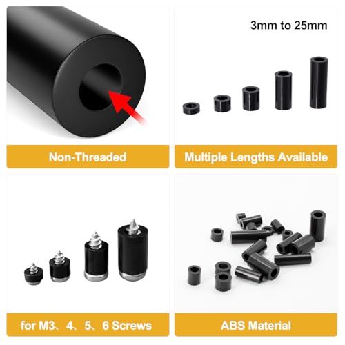 Image of Exqutoo 300Pcs ABS Round Spacers, ID 3mm, OD 7mm; 4mm, 8mm; 5mm, 9mm; 6mm, 11mm; Multiple Lengths, Non-Threaded Washers Suitable for M3 M4 M5 M6 Screws Hardware