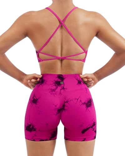 Image of SUUKSESS Women Seamless Workout Sets Strappy Sports Bra High Waist Booty Shorts Outfits