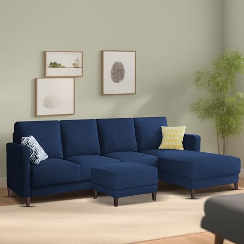 Image of Baloney RHS 6 Seater L Shape Sofa Set with Center Table for Living Room (Blue Fabric) Premium Fabric Sofa
