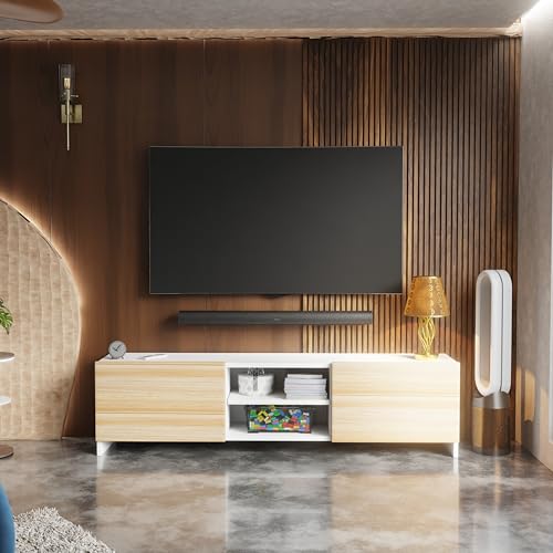 Image of Modern Living Room TV Stand with Open Display Compartment, Dual Side Storage Units, and Clean Contemporary Design for Home Decor | Assembly-DIY | Color-White & Asian Light