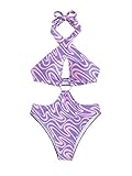 WDIRARA Women's Cut Out Criss Cross Ring Monokini Printed Halter One Piece Swimsuit Purple S