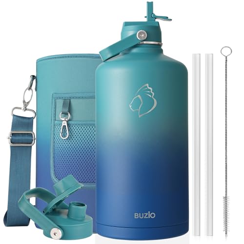 Image of BUZIO 1 Gallon Water Bottle Insulated with Dust-Proof Straw & Spout Lids