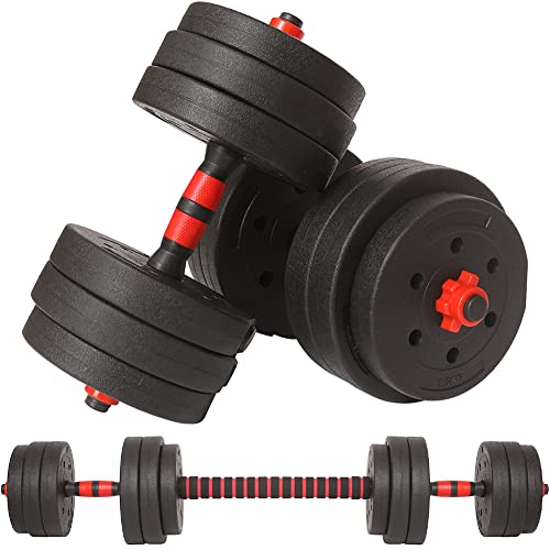 BAKAJI Set 2 in 1 Manubri Regolabili con Barra Bilanciere e 12 Dischi Totale Peso 25kg (4x2.5kg + 4x2kg + 4x1.5kg), Rivestimento Nero e Rosso in Gomma Piuma Antiruggine Antiscivolo, Fitness
