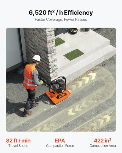Image of VEVOR Plate Compactor, 7 HP 196CC Gas Engine, 5400 VPM Vibrating Ground Rammer, 4440 lbs Compaction Force, 23 x 18 in Plate, Walk Behind Compactor for Paver Landscaping, Asphalt, Foundation, Soil