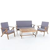 Christopher Knight Home Panama Outdoor Acacia Wood Chat Set with Water Resistant Cushions, 4-Pcs Set, Teak Finish / Grey
