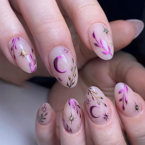 Oval Press on Nails Short Leaf Fake Nails Purple Moon Star False Nails Glossy Chrome Glue on Nails Reusable Acrylic Nails Artificial Stick on Nails for Women Decoration 24Pcs