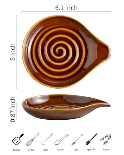 Image of LAUCHUH Spoon Rest, 5 inches Large Ceramic Spoon Rest for Stove Top Cooking Spoon Holder for Kitchen Counter Spatula Holder for Tongs, Ladle, Fork, Heat-Resistant, Dark Brown