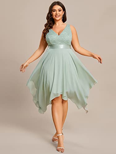 Image of Ever-Pretty Plus Women's V Neck Sleeveless Asymmetric Hem Lace Chiffon Short Summer Plus Size Wedding Guest Dresses Mint Green US14